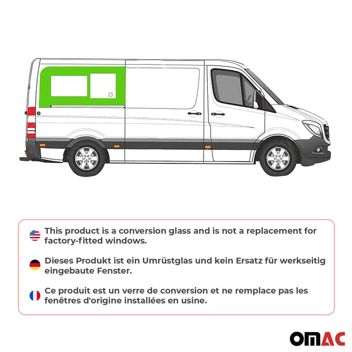Mercedes Sprinter Rear Side Sliding Window Glass - Rear Right - Omac - Galaxy (Sliding Door) - '19-'25